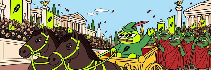 A triumphant frog character in Roman-style armor rides a horse-drawn chariot through a cheering crowd in a classical coliseum setting, accompanied by other frog figures in red togas. The cartoonish scene humorously depicts $PENPE's grand launch on Robinhood Chain as a legendary, emperor-like arrival.