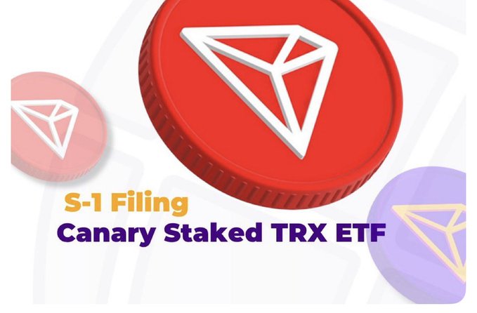 A promotional graphic for a "Canary Staked TRX ETF" S-1 Filing, featuring red and purple TRON (TRX) cryptocurrency coins.