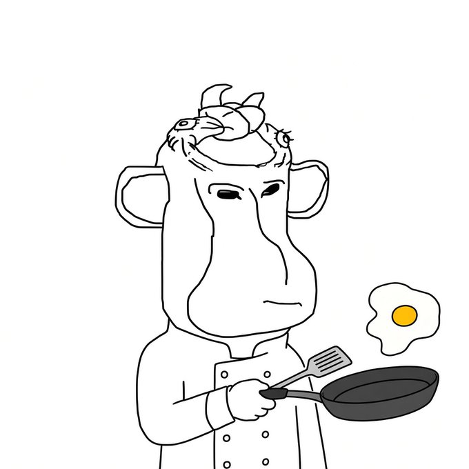 A simple black-and-white line drawing of a bored-looking monkey wearing a chef's hat, holding a frying pan and spatula, with a fried egg floating nearby.
