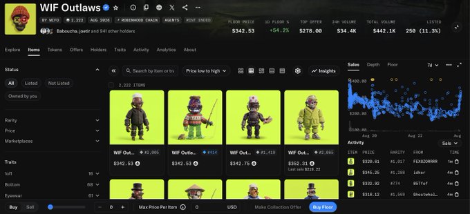 A screenshot of the WIF Outlaws NFT collection page showing floor price of $342.53, with 2,222 items listed, a 24H volume of $34.4K, and various pixel art character NFTs displayed.