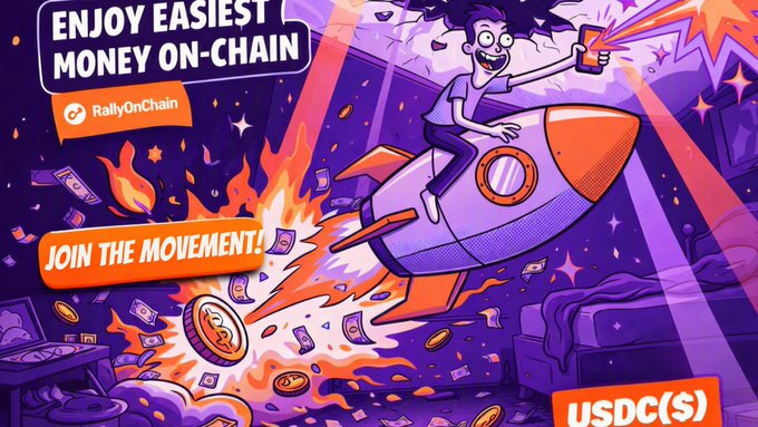 A vibrant digital illustration promoting 'RallyOnChain' with text reading 'ENJOY EASIEST MONEY ON-CHAIN' and 'JOIN THE MOVEMENT!', showing a character riding a rocket.