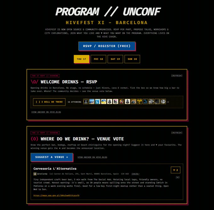 A webpage screenshot for 'HIVEFEST XI - BARCELONA' showing the 'PROGRAM // UNCONF' schedule with an 'RSVP / REGISTER (FREE)' button and event details for 'WELCOME DRINKS - RSVP' and 'WHERE DO WE DRINK? - VENUE VOTE.'
