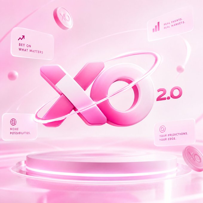 A pink promotional graphic displays 'XO 2.0' with floating icons reading 'BET ON WHAT MATTERS', 'REAL EVENTS. REAL MARKETS.', 'MORE POSSIBILITIES.', and 'YOUR PREDICTIONS. YOUR EDGE.'