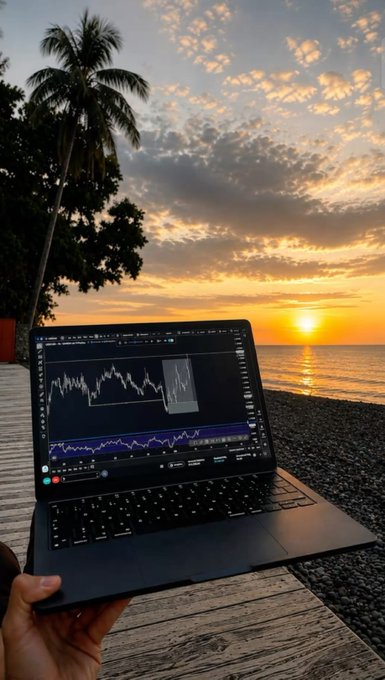 A laptop displaying trading charts is held up against a sunset over the ocean with a palm tree visible.