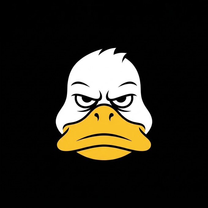 A stylized cartoon logo of a white duck or bird head with a yellow beak and a grumpy expression against a black background.