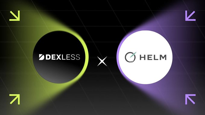 A promotional graphic announcing a partnership between 'DEXLESS' and 'HELM', shown as two circles connected by an 'X' against a neon green and purple background with arrow accents.