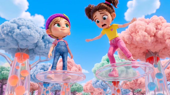 Two animated young girls stand on translucent platforms in a whimsical, candy-colored world with cotton-candy-like trees, as a cheerful brown-haired girl in a yellow shirt and pink pants reaches toward her smiling blonde friend wearing a purple beanie and denim overalls. The vibrant, lovable characters reflect the heartwarming spirit of Tamito's World, an IP that pairs endearing storytelling with meaningful real-world impact.
