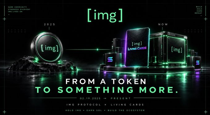 A promotional graphic for '[img] Protocol x Living Cards' titled 'FROM A TOKEN TO SOMETHING MORE,' featuring a coin, cards, and cases with dates '02.19.2025 → PRESENT' and text 'HOLD IMG • EARN SOL • BUILD THE ECOSYSTEM.'