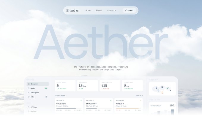 The image presents a website page with a light blue background featuring a white banner that says "Aether" above the main content area, which includes descriptions of its features like "the future of personal identification", "the future of intelligence gains". A smaller section contains the text "the perfect app for your needs. Discover it here". The overall layout and design of the website evoke a sense of spaciousness with an open sky as the background.