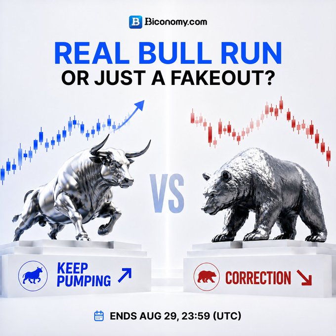 A promotional graphic from Bconomy.com titled 'REAL BULL RUN OR JUST A FAKEOUT?' showing metallic bull and bear statues facing off with stock charts above them, ending August 29 at 23:59 UTC.