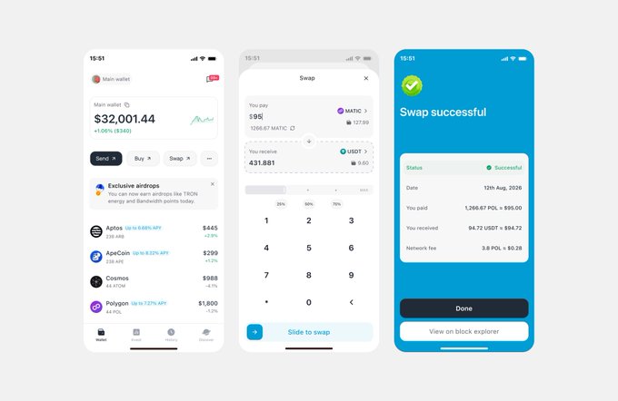 Three mobile app screens showing a cryptocurrency wallet interface, displaying a balance of $32,001.44, a swap transaction of 595 MATIC to 431.881 USDT, and a confirmation screen reading 'Swap successful'.