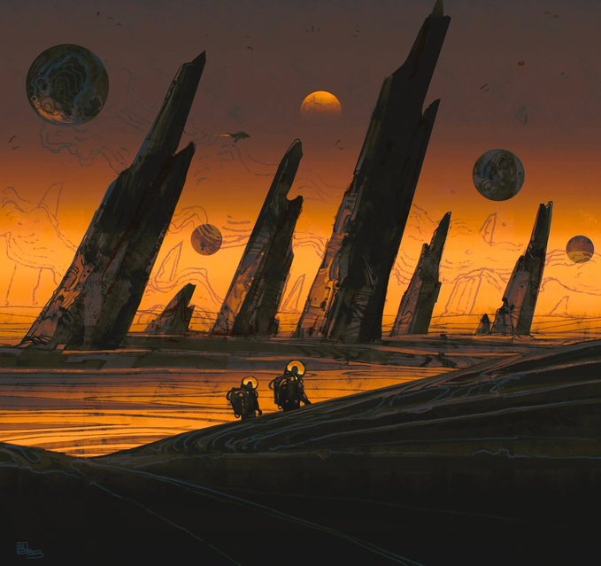A sci-fi illustration depicts two astronauts with glowing helmets standing on a dark, rocky terrain, gazing at a surreal alien landscape featuring tall, jagged monoliths and multiple planets in an orange-hued sky.