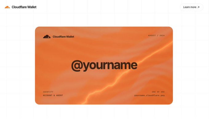 A promotional image for Cloudflare Wallet showing an orange card with '@yourname' as the identity account and agent, dated August 2026.