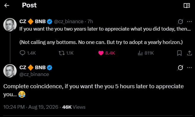 The image shows two posts from CZ Binance (@cz_binance) on X, where he advises adopting a yearly horizon for crypto investments, noting "Complete coincidence, if you want the you 5 hours later to appreciate you…😂" The post has 1.4K replies, 1.1K reposts, 8.4K likes, and 811K views, illustrating how his long-term outlook humorously held true within just five hours following Bitcoin's sharp price surge.