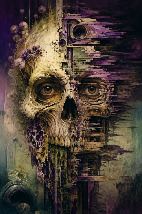A dark, surreal digital painting of a skull that is half-organic and half-glitched, featuring purple flowers, dandelions, and pixelated circuitry-like elements.