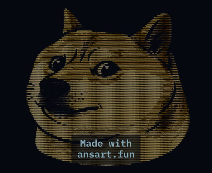 A pixelated ASCII art-style image of a Shiba Inu/Doge dog face on a black background, with a watermark at the bottom reading "Made with ansart.fun".
