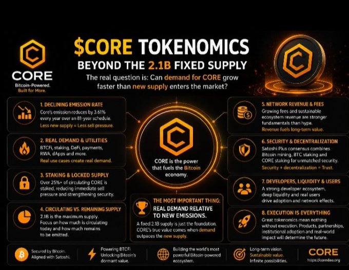 An infographic titled '$CORE TOKENOMICS: BEYOND THE 2.1B FIXED SUPPLY' details the Core (Bitcoin-Powered) cryptocurrency's economic model across 8 numbered points.