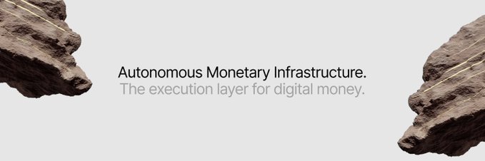 A sleek web banner with two rocky cliffs on either side of a light background, displaying the text 'Autonomous Monetary Infrastructure. The execution layer for digital money.'
