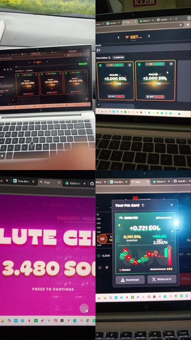 A collage of laptop screenshots shows Solana meme coin trading platforms displaying various token gains, including "+6.731 SOL (+152.8%)" and "3.480 SOL," reflecting the user's successful first cluster rug pull trade that earned them +6.7 SOL.