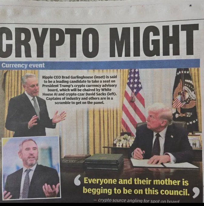 A newspaper clipping titled "CRYPTO NIGHT" features photos of Ripple CEO Brad Garlinghouse and White House AI/crypto czar David Sacks with Trump, highlighting Garlinghouse as a leading candidate for Trump's crypto advisory board, with a quote: "Everyone and their mother is begging to be on this council."

The image relates to the post by showcasing Ripple CEO Brad Garlinghouse's prominent involvement in Trump's crypto advisory board, underscoring the growing institutional and political interest in XRP-related projects like the newly launched Real Briefly network.