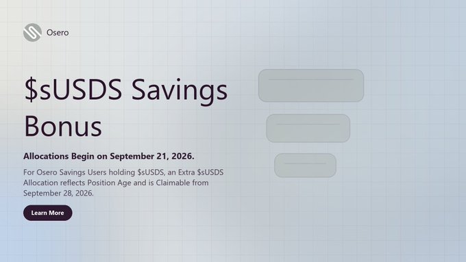 An Osero promotional page announcing '$sUSDS Savings Bonus' with allocations beginning September 21, 2026, offering an extra $sUSDS allocation for Osero Savings Users, claimable from September 28, 2026.