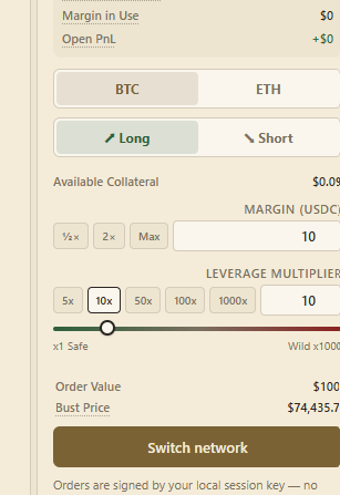 A trading interface showing a Long BTC position with 10x leverage and $10 margin, resulting in a $100 order value and $74,435.7 bust price. The image illustrates the trading UI/UX capabilities referenced in the post about building frontend demos and mobile/product experiences for decentralized trading platforms.