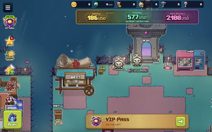 A mobile game interface displaying a Halloween-themed level with characters in pumpkin costumes, currency counters (186 USD, 577 USD, 2100 USD), and various menu buttons like 'MY PASS,' 'EVENT,' and 'VIP PASS.'