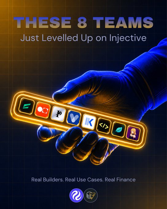 The image features a hand holding up an object with various app icons displayed, including "Real Builders", "Real Use Cases", and "Real Finance". The background of the image has a blue gradient color scheme that complements the objects on display. The text in the image reads "These 8 teams Just Leveled Up On Injective" and "Real talk.. this cohort actually shipped useful stuff. Here's my quick breakdown on all of them."