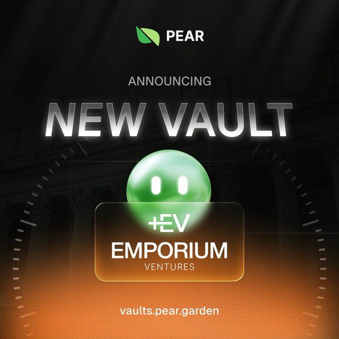 An advertisement announcing a 'NEW VAULT' for Pear, featuring a green glowing orb face above a 'EV Emporium Ventures' logo, with the URL 'vaults.pear.garden'.