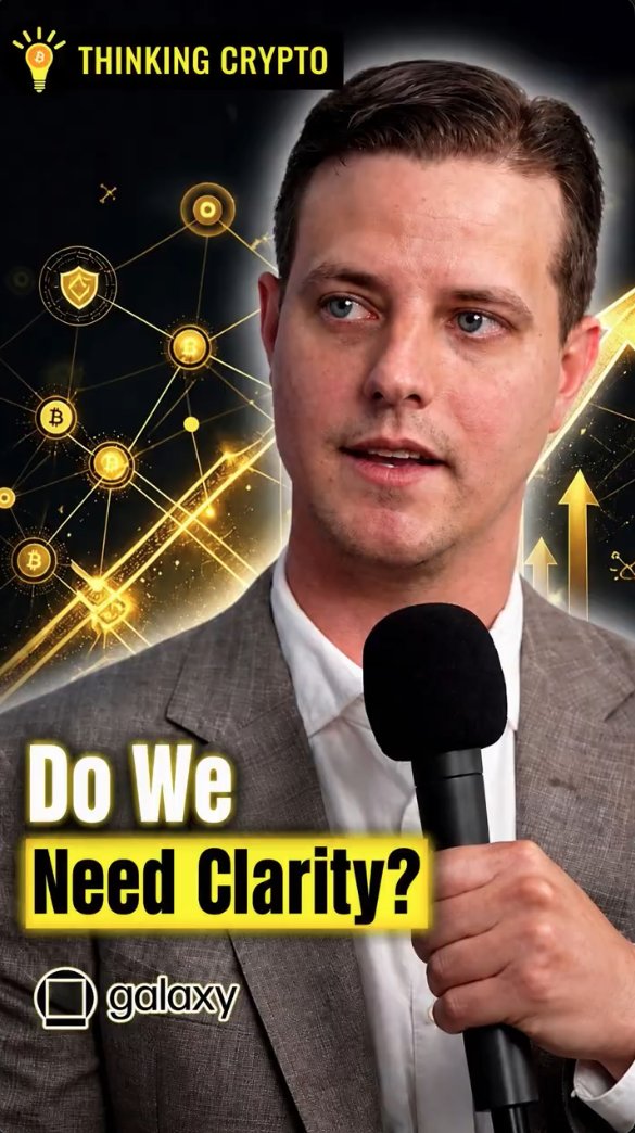 A man in a gray suit holds a microphone against a backdrop of Bitcoin-themed network graphics, with "Thinking Crypto" and "Do We Need Clarity?" text overlays and the Galaxy logo featured. The image promotes an interview with Max Bareiss, Head of Lending at Galaxy, discussing the Clarity Act's potential impact on crypto lending and the broader market.