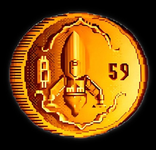 A golden coin or token featuring a stylized, pixelated figure in a spacesuit or diving gear alongside the number "59", set against a black background.