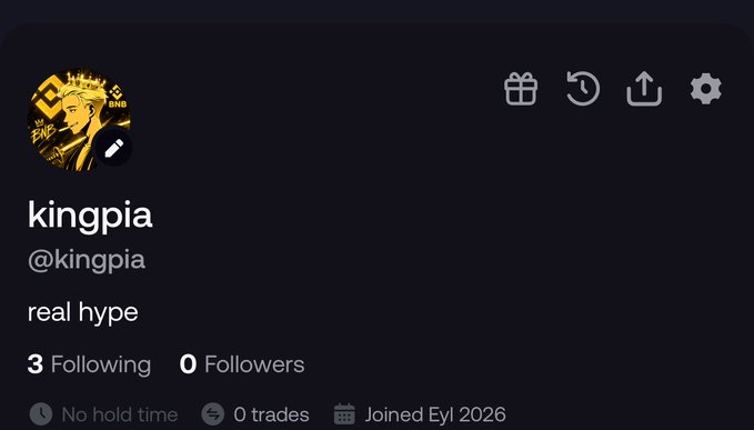 A screenshot of a profile page for user "kingpia" (@kingpia) with the bio "real hype," showing 3 Following, 0 Followers, 0 trades, and a Joined date of Eyl 2026 (September 2026), featuring a profile picture of a crowned character in yellow and black, which aligns with the post announcing their recent signup to @fomo using @theunipcs referral code.