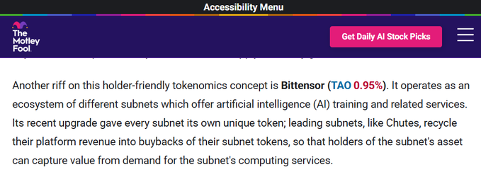 A screenshot from The Motley Fool website showing text about 'Bittensor (TAO 0.95%)' as a holder-friendly tokenomics ecosystem with different subnets offering AI training services, including one called 'Chutes'.