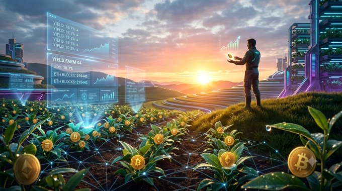 Futuristic digital art showing a farmer in a field of crops overlaid with blockchain and cryptocurrency symbols including Bitcoin (B), alongside yield data displays showing 'YIELD 18.7%' and 'ETH BLOCKS'.