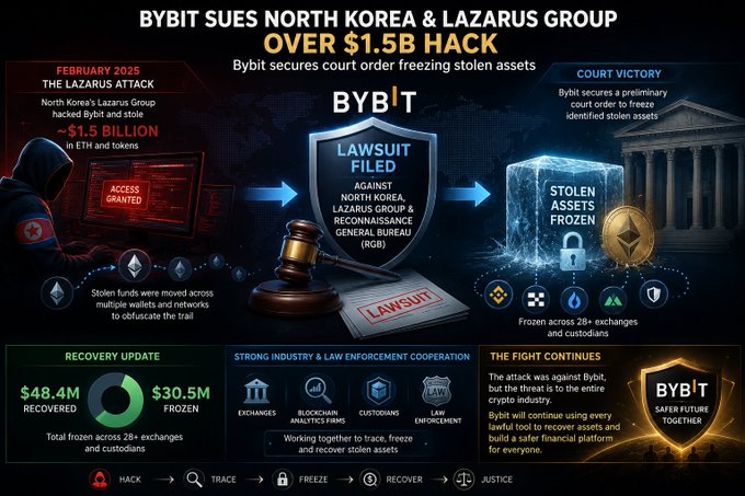 An infographic titled 'BYBIT SUES NORTH KOREA & LAZARUS GROUP OVER $1.5B HACK' detailing the February 2025 crypto theft, with sections including 'LAWSUIT FILED', 'STOLEN ASSETS FROZEN', 'RECOVERY UPDATE' showing $48.4M recovered and $30.5M frozen, and 'THE FIGHT CONTINUES'.
