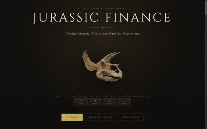 A website screenshot titled 'JURASSIC FINANCE' featuring a dinosaur skull, with text describing 'Tokenized Dinosaurs. Onchain ownership of Earth's rarest asset,' and a countdown timer for a Dinosaur Ballot.