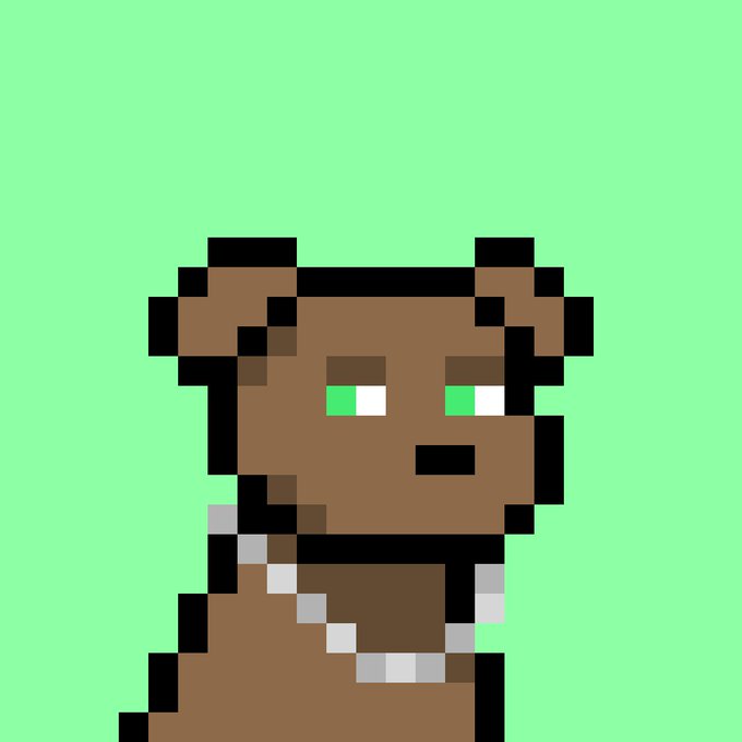 A pixel art illustration of a brown dog or fox-like character with green eyes against a green background.