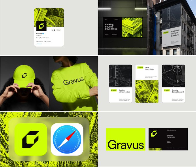 The image showcases the brand identity of Gravus, a web3 neo bank, featuring its distinctive neon green and black color scheme across various applications including app store listings, billboards, merchandise (cap and sweatshirt), social media posts with slogans like "Banking Beyond Boundaries" and "Banking without borders," and the Safari browser logo—reflecting a bold, modern aesthetic that aligns with the innovative nature of digital banking.