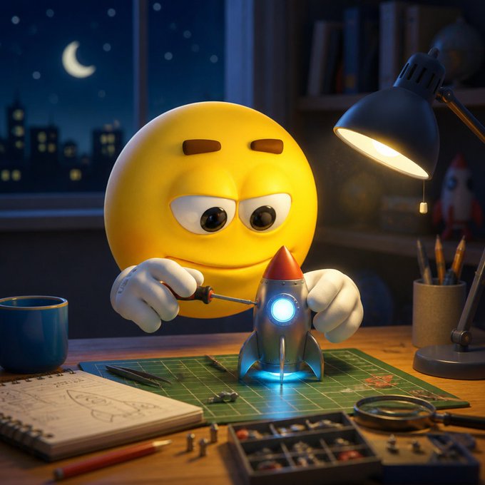 A 3D-rendered emoji character working on a small rocket model at a cluttered desk by lamplight at night, with a city skyline visible through the window.