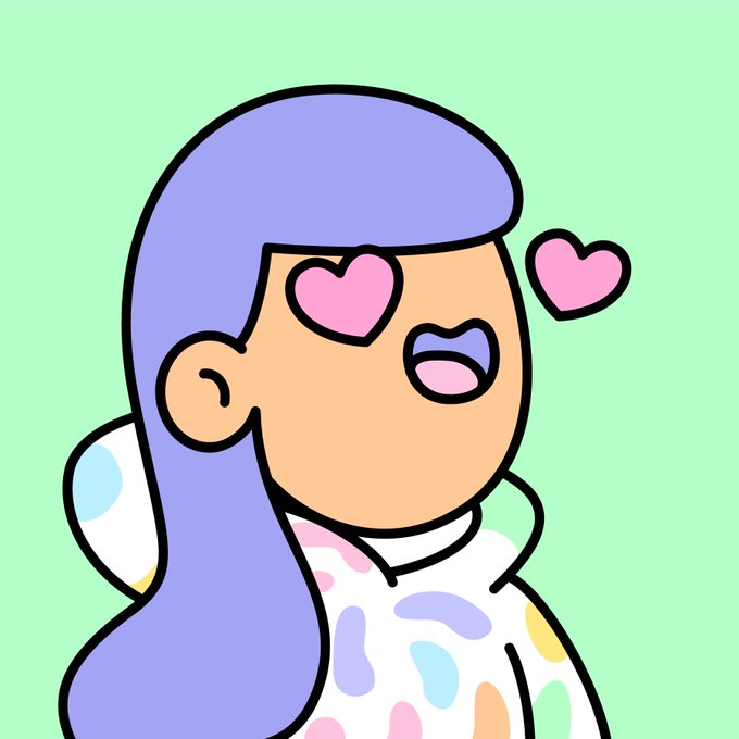 A cartoon-style illustration of a woman with purple hair and heart-shaped eyes wearing a colorful pastel patterned outfit, set against a light green background.