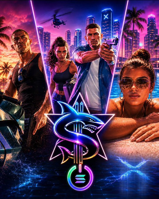 The image is a vibrant promotional poster for "SharkCash," featuring four characters against a neon-lit Miami skyline with palm trees and a helicopter, with the stylized "S" shark logo prominently displayed in the center. The poster's gaming-meets-crypto aesthetic directly supports the post's theme of a new gaming crypto narrative, while the GTA-style visuals and "$" symbol reinforce the rumored XRP-in-GTA6 and digital cash payment angle.