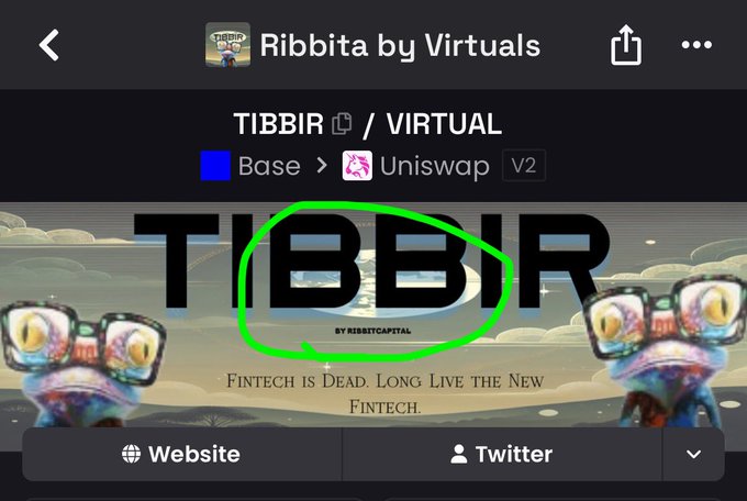 A crypto/token page for 'TIBBIR' by Virtuals on Base/Uniswap V2 with a banner showing frog-like characters and the tagline 'FINTECH IS DEAD. LONG LIVE THE NEW FINTECH.'