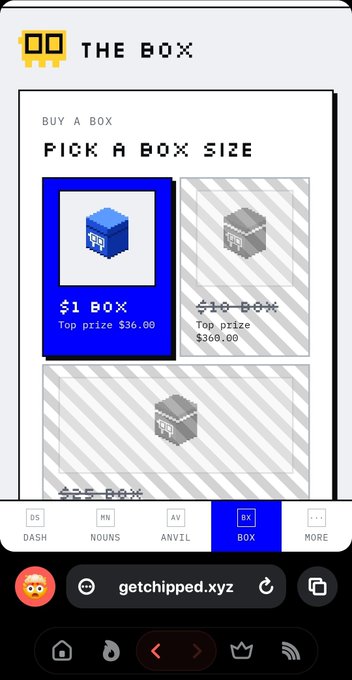 A mobile webpage for 'getchipped.xyz' displaying 'THE BOX' with options to pick a box size including '$1 BOX' and '$10 BOX' for various prizes.