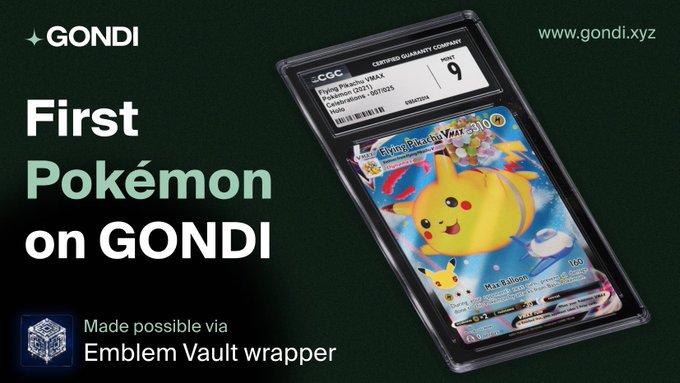 A promotional graphic for GONDI announcing the 'First Pokémon on GONDI', showing a graded Pikachu VMAX card (Flying Pikachu VMAX, grade 9) made possible via Emblem Vault wrapper.