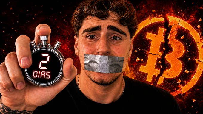 A YouTube-style thumbnail showing a man with tape over his mouth holding a stopwatch displaying '2 DIAS' next to a large Bitcoin logo.
