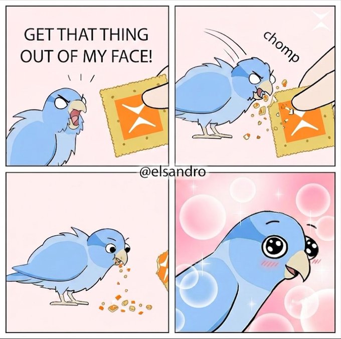 A four-panel comic by @elsandro shows an angry bird being offered a cracker, biting it, and then transforming into a blissful, sparkly-eyed creature after tasting it. The meme humorously illustrates the post's message about trying Phoenix DEX on Solana, using the bird's transformation as a metaphor for discovering something surprisingly great once given a chance.