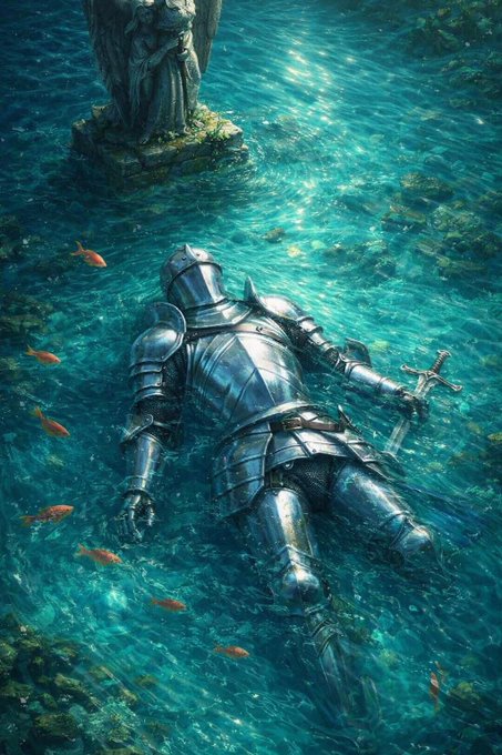 An illustration depicts a fully armored knight lying submerged in clear turquoise water near a mossy stone statue, with small orange fish swimming around the scene.