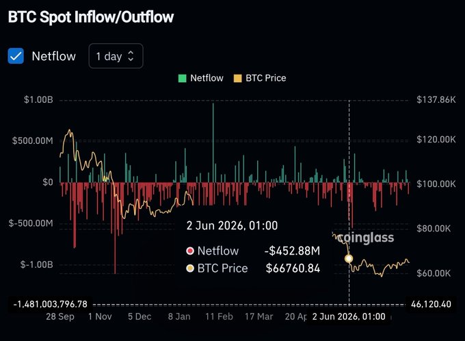 A Coinglass chart titled 'BTC Spot Inflow/Outflow' displaying 1-day netflow data, showing a highlighted data point on '2 Jun 2026, 01:00' with a Netflow of '-$452.88M' and a BTC Price of '$66,760.84'.