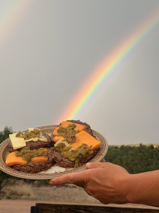 A hand holds up a plate of cooked meat topped with slices of cheese and green peppers, with a vibrant rainbow arching across the cloudy sky behind it.
