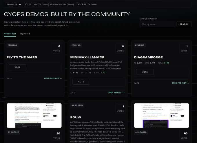 The image shows a webpage with a list of CyOps Arena projects that have been approved by the community. The projects are displayed in a grid format, allowing for easy comparison between them. There are three projects listed, each accompanied by their respective scores or ratings from the community members who contributed to them. The post encourages users to participate and vote on these projects, with a specific deadline of June 16th approaching.